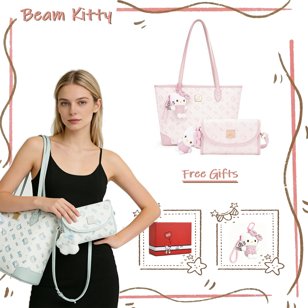 Beam Kitty เซ็ตกระเป๋าโท้ทลายหนังนูน โทนสีสดใสรับ Spring/Summer สไตล์สาวหวาน เซ็ตแม่ลูก ใช้ได้กับทุกโอกาส