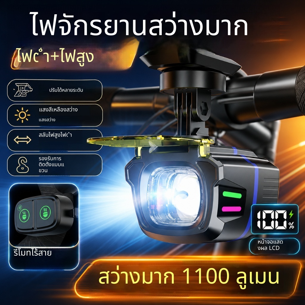 1100 Lumens ไฟหน้าจักรยานรีโมทคอนโทรลไร้สาย Anti-Glare ขี่จักรยาน Light Type-C ชาร์จกันน้ําจักรยานเสือภูเขา Light