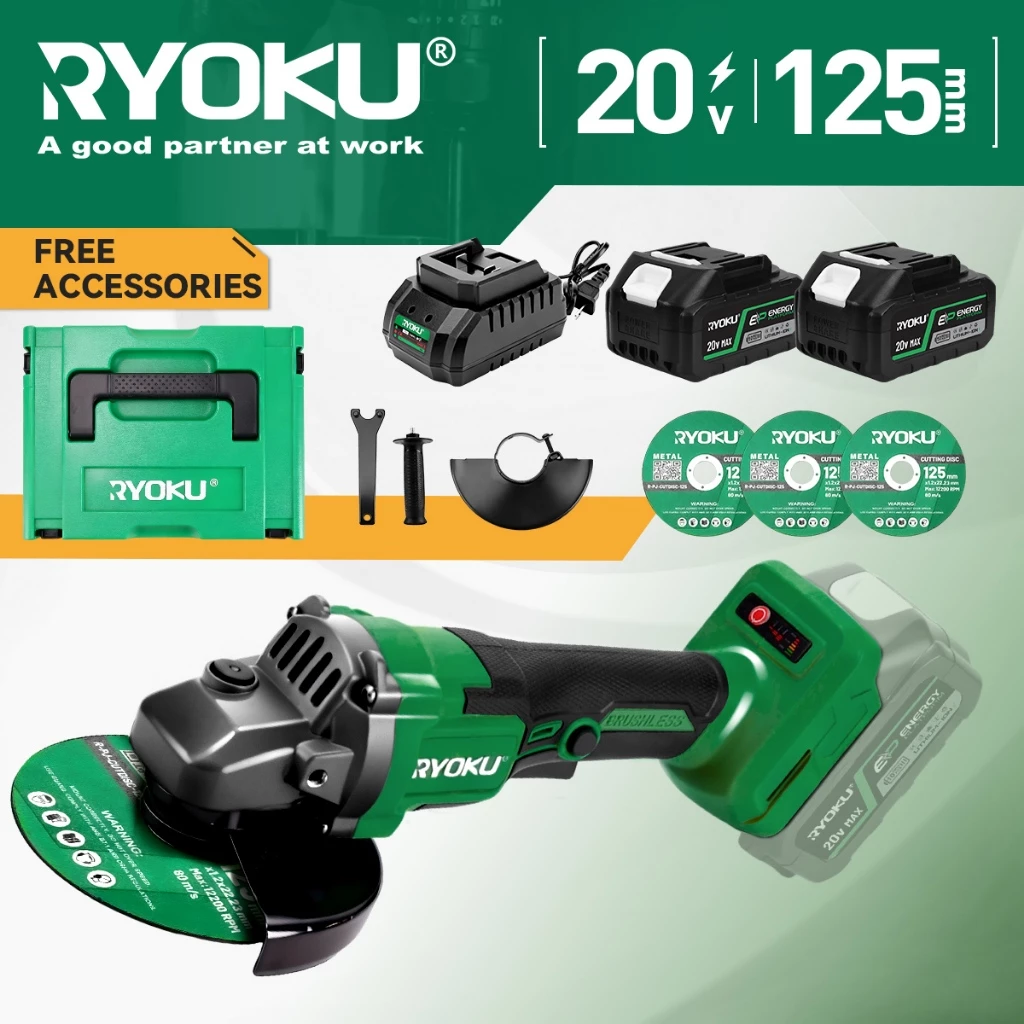 RYOKU เครื่องบดมุม 1 ชุด, เครื่องบดมัลติฟังก์ชั่น, เครื่องบดกําลังสูง, ล้อเจียรมือในครัวเรือน, งขัดขนาดเล็ก, งมือไฟฟ้า Batterty พร้อมอุปกรณ์เสริม