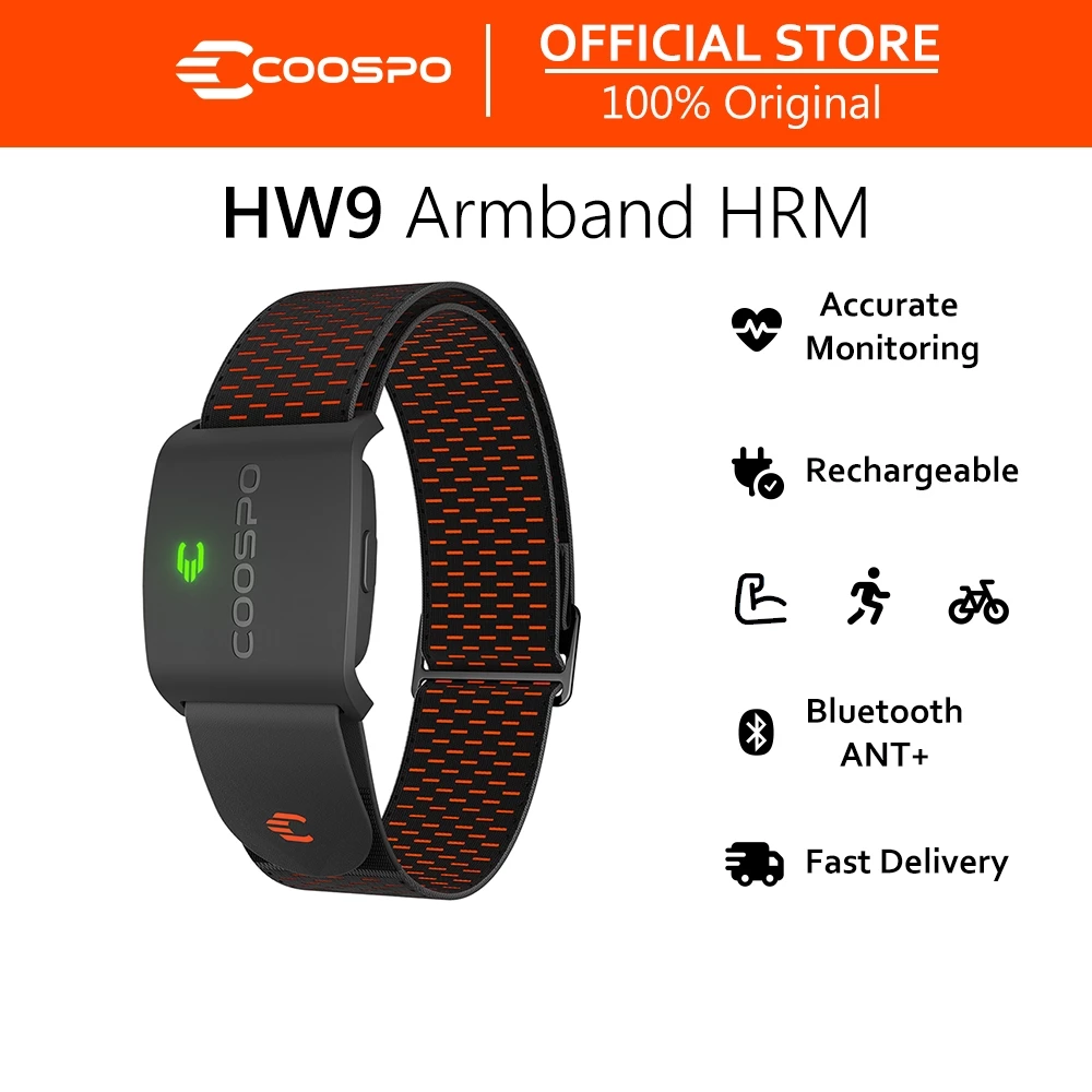 COOSPO HW9 Bluetooth 5.0 ANT+ ปลอกแขนวัดอัตราการเต้นของหัวใจพร้อมโซน HR/Calories Burned, Optical HRM Sensor สําหรับการฝึกฟิตเนส/ปั่นจักรยาน/วิ่ง,เข้ากันได้กับ Peloton,โยคะ