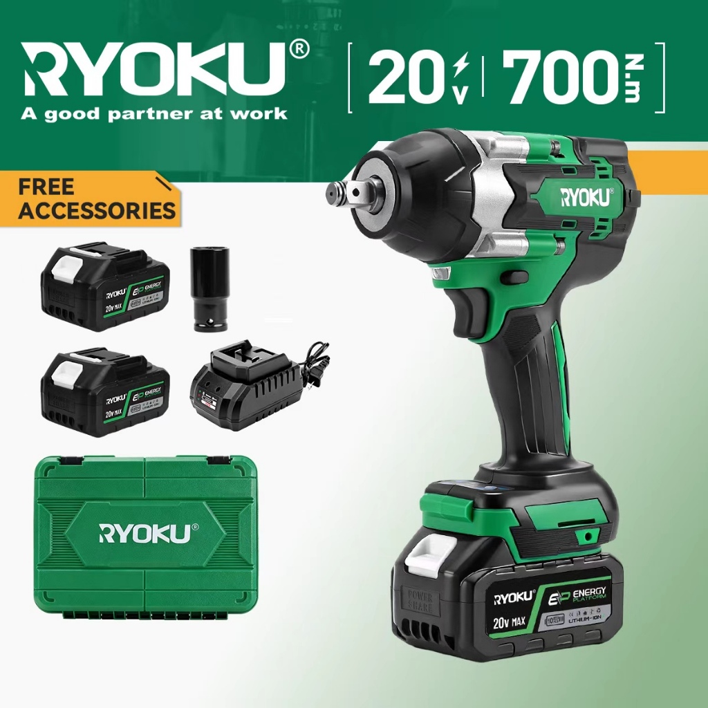 RYOKU ประแจกระแทกไร้สาย 1/2 นิ้ว มอเตอร์ไร้แปรงถ่าน แรงบิดสูง 700N.M ของแท้
