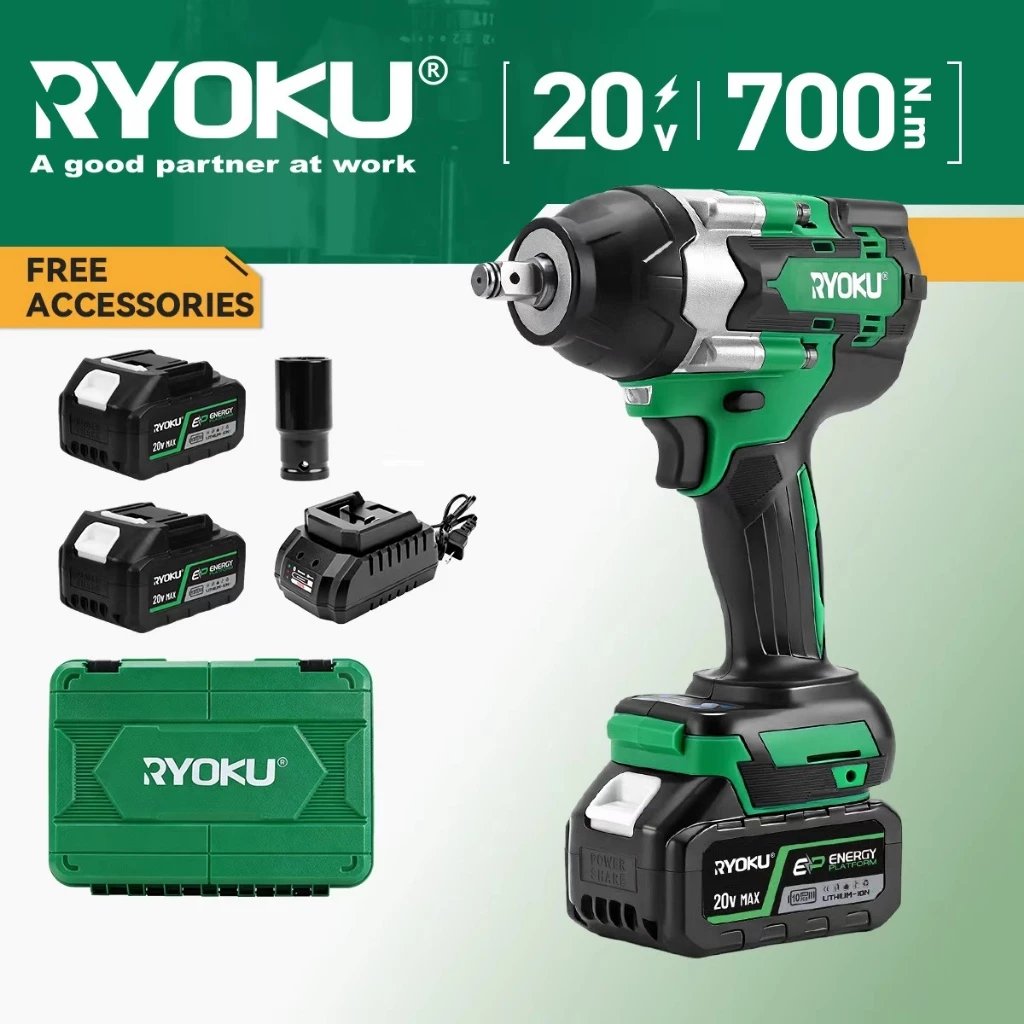 RYOKU ประแจกระแทกไร้สาย 1/2 นิ้ว มอเตอร์ไร้แปรงถ่าน แรงบิดสูง 700N.M ของแท้