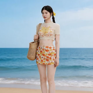 AEX ผู้หญิง 4 in 1 ชุดบิกินี่ดอกไม้เซ็กซี่ Halter ชุดว่ายน้ําตาข่าย Crop Top และกระโปรงมินิ Beachwear