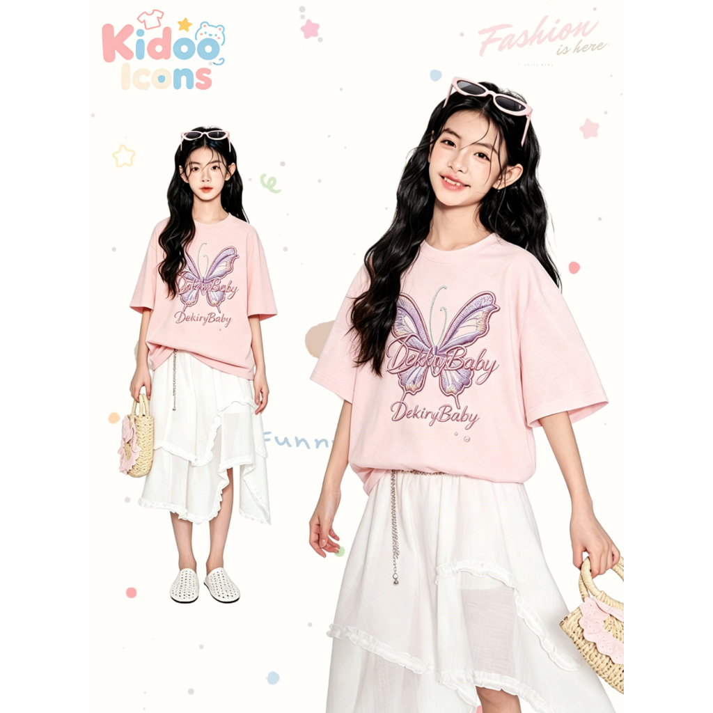 Kidoo Icons เสื้อเด็กผู้หญิงฤดูร้อน สไตล์ลำลอง ทรงหลวม ลายผีเสื้อและตัวอักษรการ์ตูน ผ้าฝ้าย100% #A01+5683