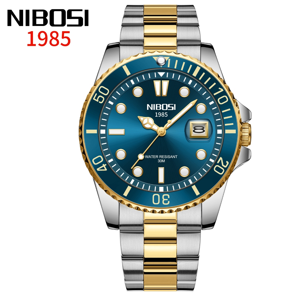 NIBOSI 2705 คลาสสิกสปอร์ตผู้ชายนาฬิกาควอตซ์สายเหล็กกันน้ําธุรกิจสบายๆนาฬิกาชายของขวัญ