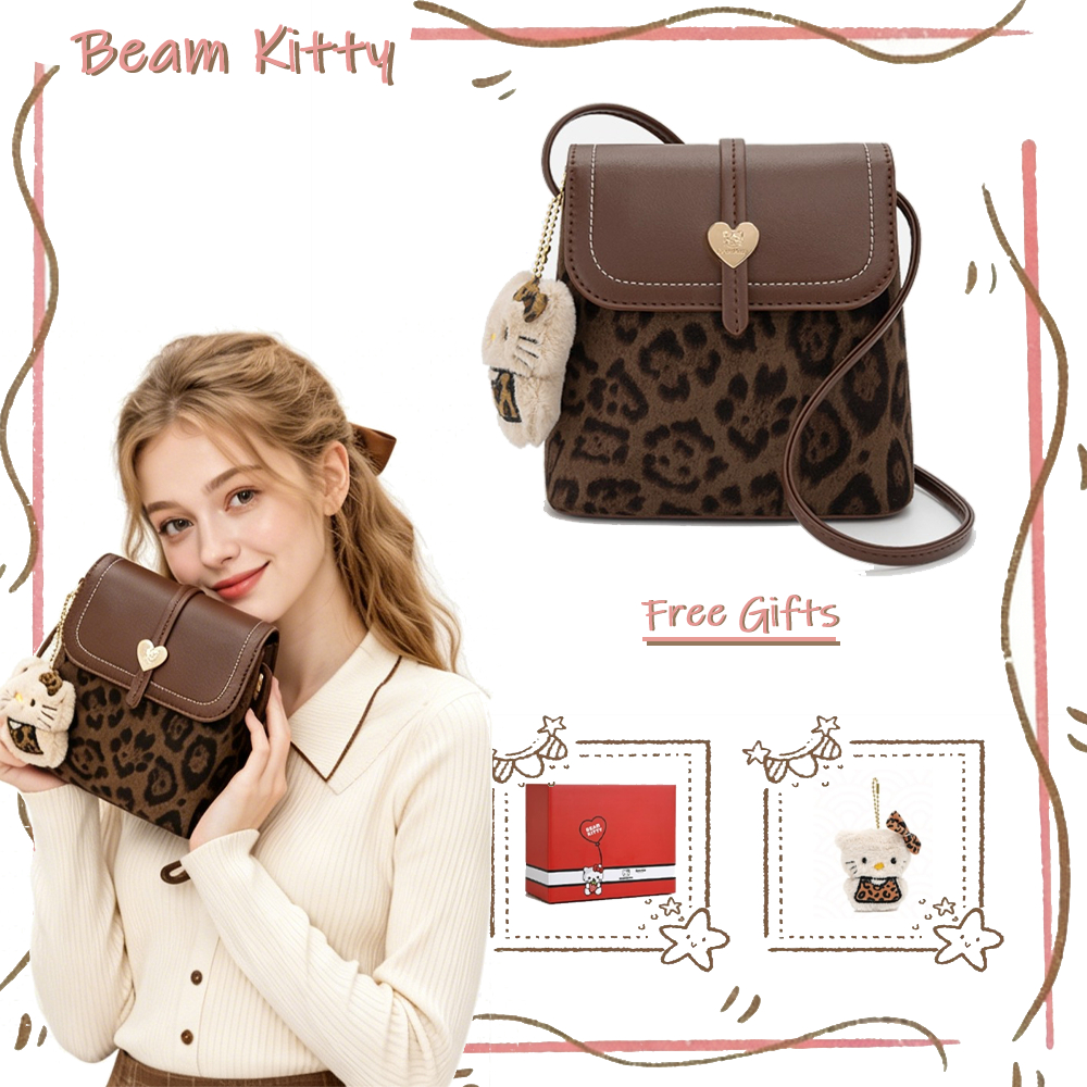 Beam Kitty กระเป๋าทรงถังสีน้ําตาลลายเสือดาว กระเป๋าสะพายไหล่วินเทจแมตช์ง่าย แถมจี้ตุ๊กตาน่ารัก เหมาะเป็นของขวัญ
