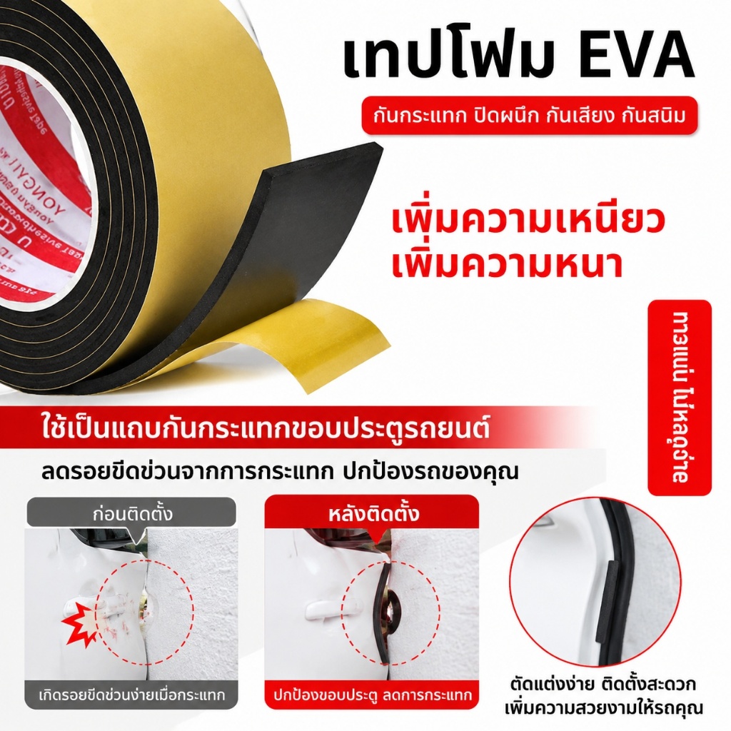 แผ่นกันกระแทกประตูรถยนต์แบบหนา พร้อมกาวในตัว ลดเสียงปิดประตู กันรอยขีดข่วน ติดตั้งง่าย ทนทานใช้งานยาวนาน MC005
