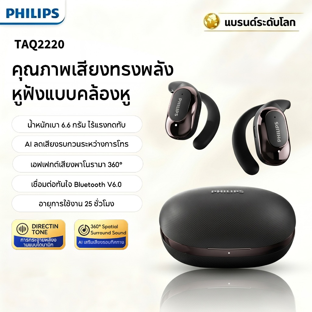 PHILIPS TAQ2220 หูฟังบลูทูธไร้สาย รูปแบบใหม่ แบบครอบหู เปิดสาย ลดเสียงรบกวน คุณภาพเสียงความละเอียดสูง เหมาะสำหรับหูฟังสปอร์ต