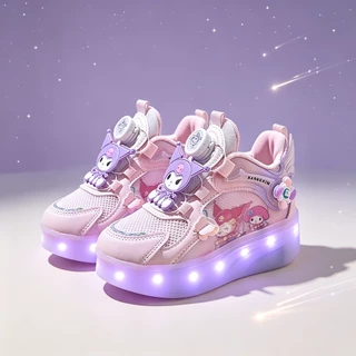 5-9 ปี รองเท้าฮีลี่เด็ก 4 ล้อ มีไฟ LED บนรองเท้า Roller Shoes Double-W Heels สามารถถอดล้อได้ กลายเป็นรองเท้าเดินทั่วไป สวมใส่ง่าย กันลื่น ระบายอากาศดี ขนาด 30-34