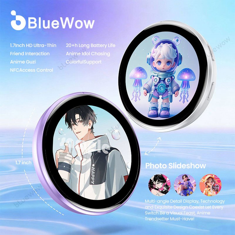 BlueWow สมาร์ทบลูทูธอะนิเมะ E-Badge จอแสดงผล Pin Digital Display Badge 1.7 นิ้วหน้าจอสัมผัส LED วิดีโออะนิเมะ สินค้าของขวัญ