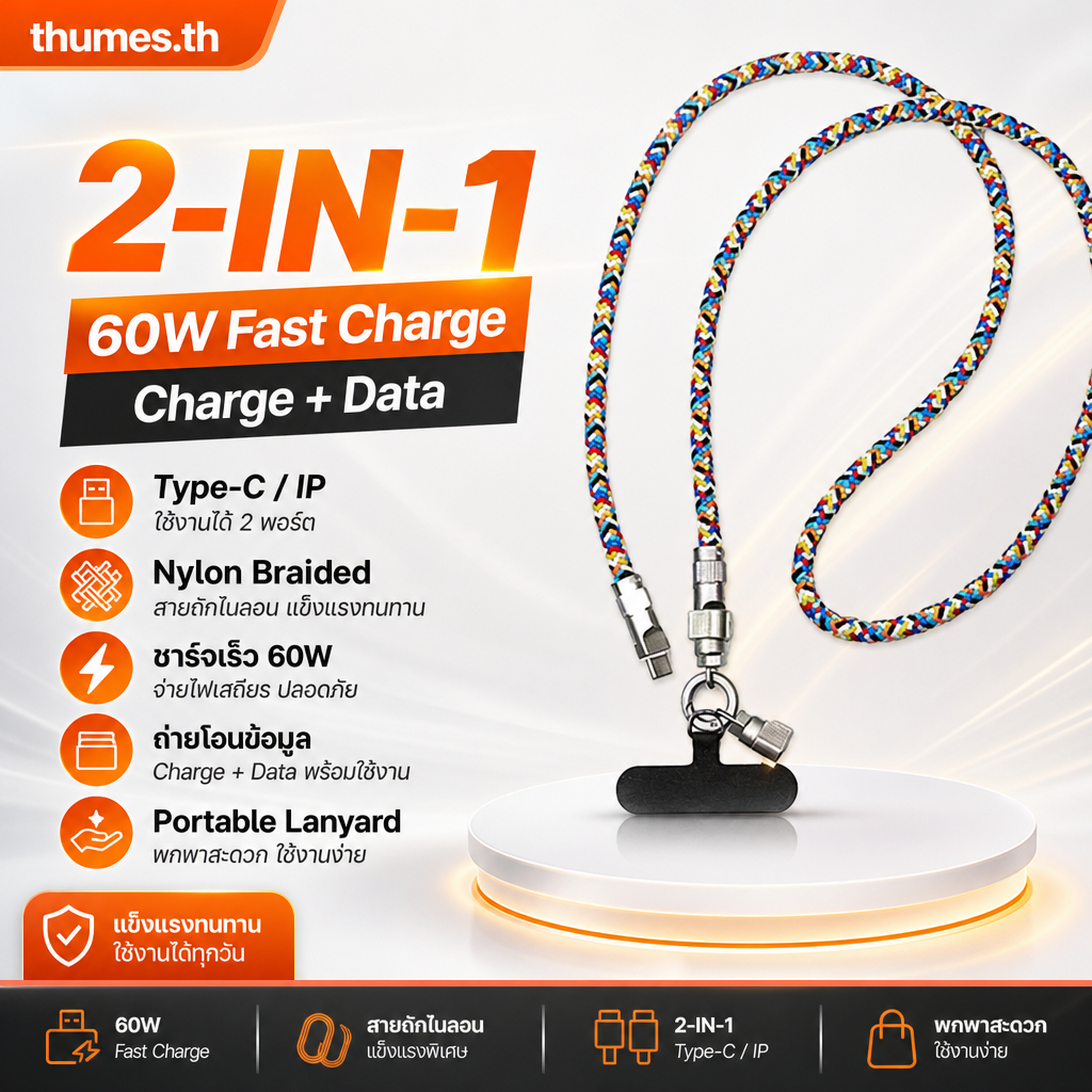 สายชาร์จคล้องมือถือชาร์จเร็ว 60W Type-C/IP สายถักไนลอน หัวโลหะผสมสังกะสี คล้องคอพกพาง่าย 0.3/1.2 ม. 