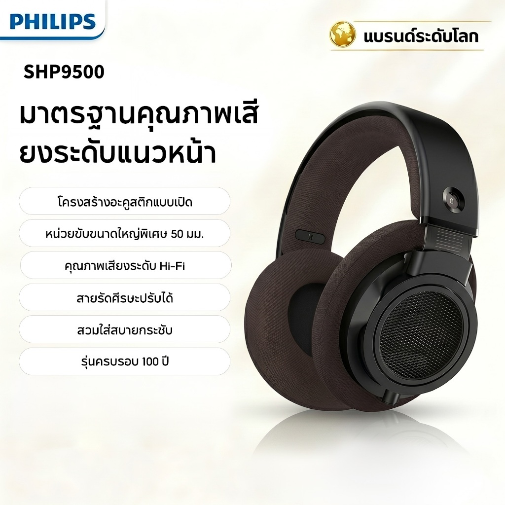 PHILIPS SHP9500CY หูฟังครอบหูระดับมืออาชีพสำหรับงานบันทึกเสียง ตรวจสอบเสียง ดีเจ/สตรีมเมอร์ คอนโซลมิกเซอร์ และสตูดิโอ พร้อมระบบ Hi-Fi แบบความเที่ยงตรงสูง สำหรับเล่นเกม แบบมีสาย