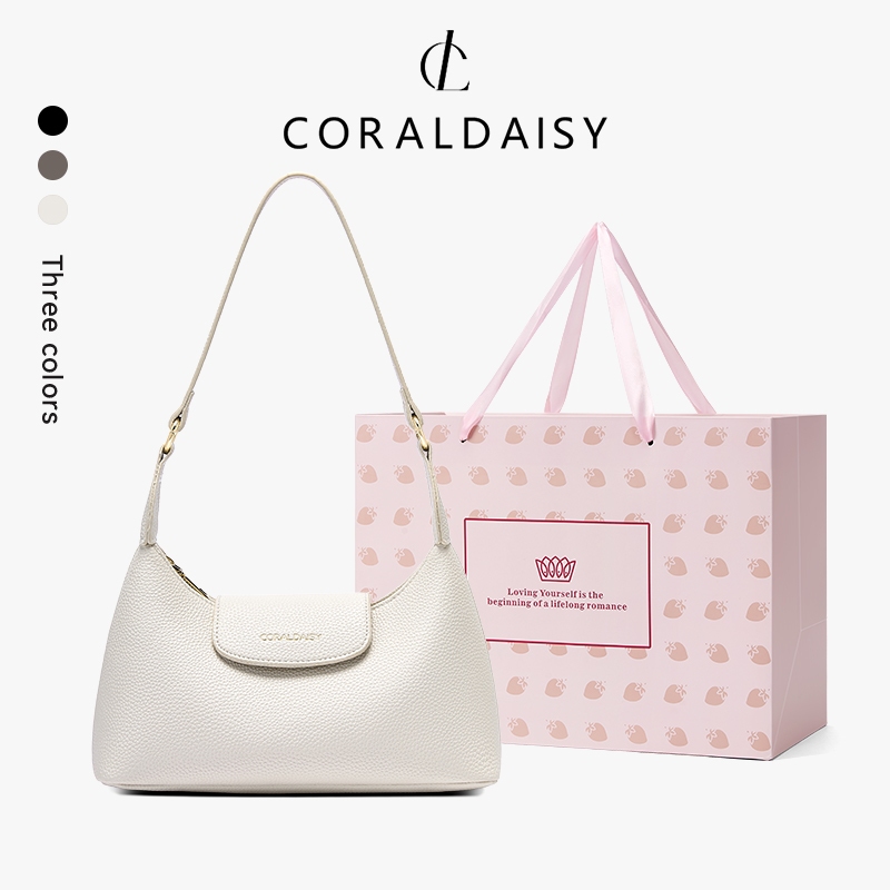 CORALDAISY 2026 กระเป๋าสะพายไหล่สีพื้นเรียบหรู กระเป๋าสะพายไหล่แบบมีซิปและห่วง ความยาวไม่สามารถปรับไ