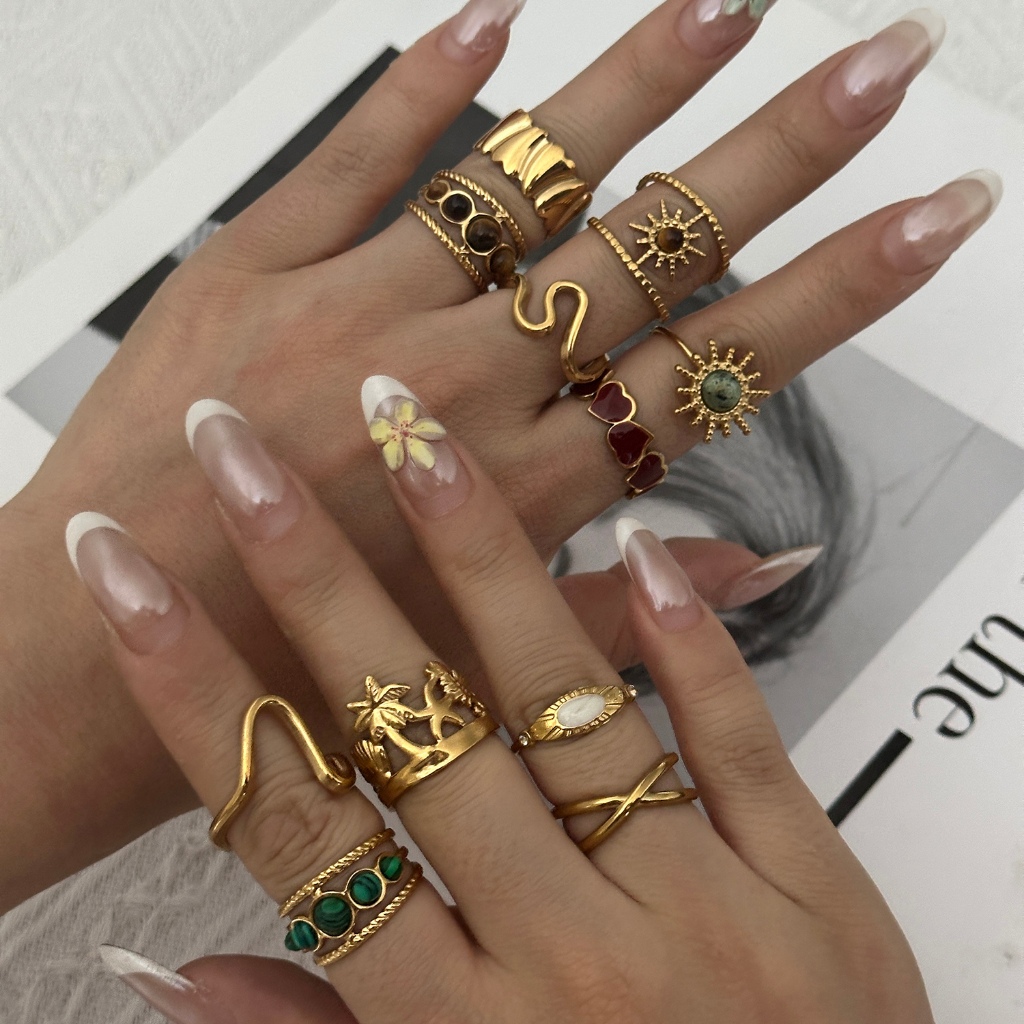 Vintage สแตนเลส Turquoise Feather Leaf เรขาคณิต Tiger Eye หินหัวใจ Sun แหวนผู้หญิง Lucky เครื่องประดับ Party ของขวัญอุปกรณ์เสริม