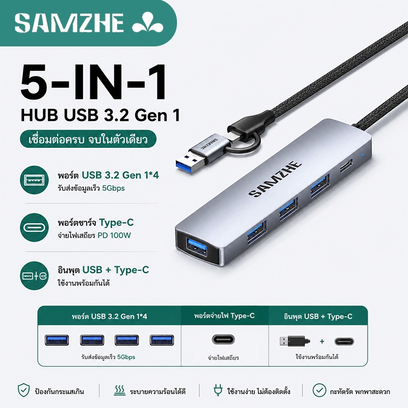 SAMZHE USB Type-C to USB-A 5Gbps Hub อะแดปเตอร์ USB สําหรับเชื่อมต่อเมาส์ คีย์บอร์ด และดิสก์ U รุ่น HBK1-S
