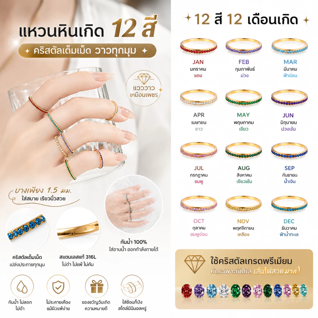 ZHENL แหวนหินเกิด 12 เดือน Birthstone ฝังเพชรเต็มวง 1.5 มม. บางพิเศษ ปรับขนาดเลื่อนได้ ชุบ PVD 14K ทอง/เงิน 316L สแตนเลส ไม่หมอง ไม่สนิม กันน้ำ 100% ไม่แพ้ สำหรับผู้หญิง ผู้ชาย วันเกิด ใส่ทุกวัน ใส่ซ้อนได้
