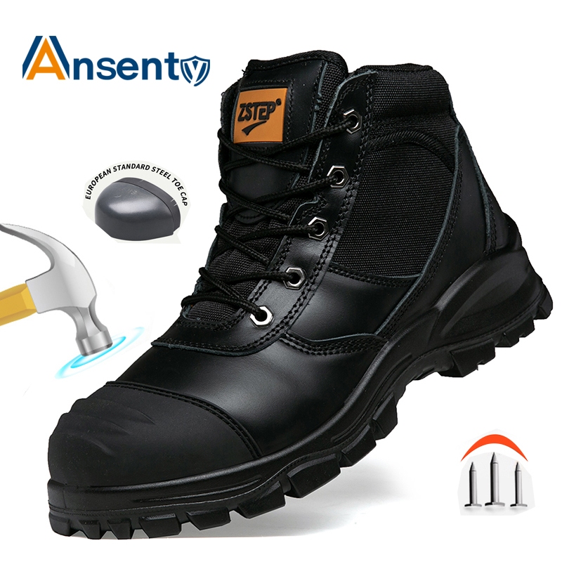 ANSENTY รองเท้าเซฟตี้ หุ้มข้อหนังแท้ ซิปข้าง กันน้ำทนไฟ หัวเหล็ก สีดำ ขนาด 39-45