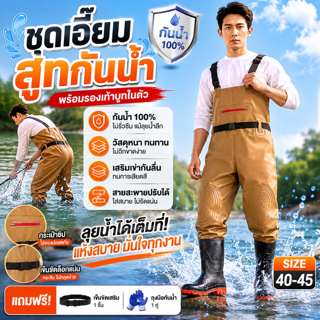 (Size40-45) ชุดกันน้ำ กางเกงบูทกันน้ำ PVC พร้อมรองเท้าบู๊ท ชุดยาง ทำสวน สวมใส่สบาย มีหลายขนาดตาม size