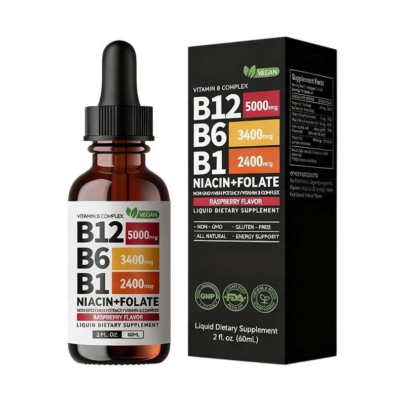 Liquid วิตามิน B Complex B12 5000mcg B6 3400mcg B1 2400mcg Niacin Folate Raspberry รสมังสวิรัติ 60ml
