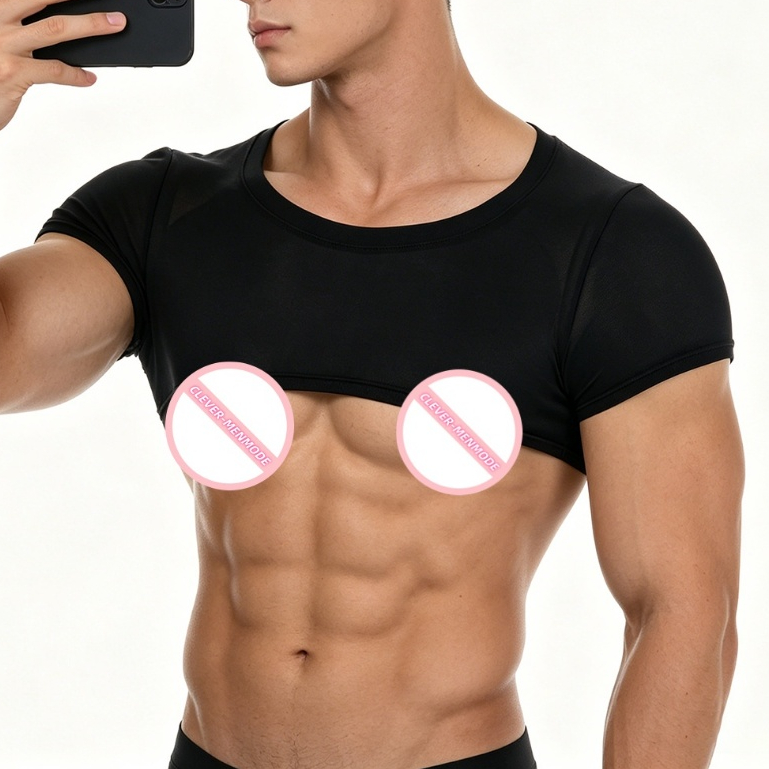 เสื้อครอปซุปเปอร์ผู้ชายแขนสั้นยืดฤดูร้อน Clubwear ครึ่งทีสําหรับงานปาร์ตี้