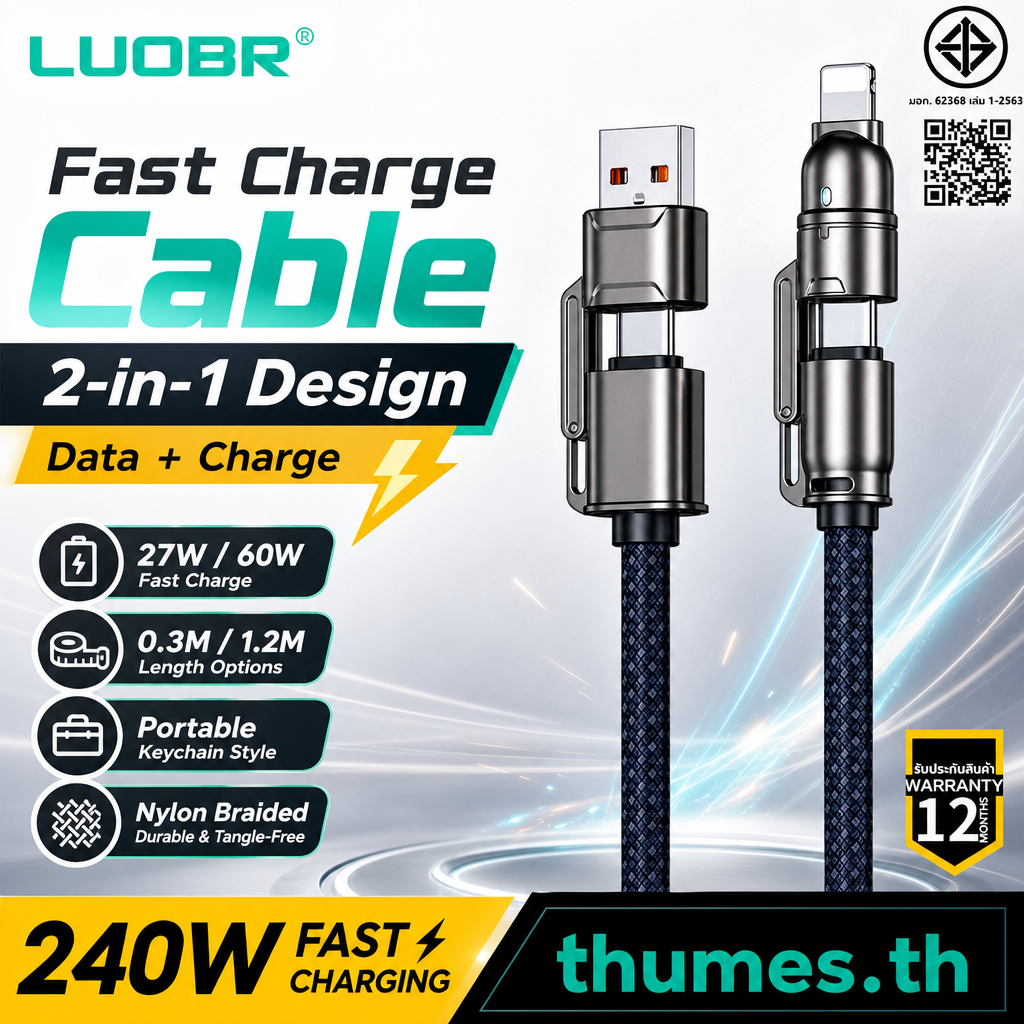 สายชาร์จคล้องคอพวงกุญแจ Type C to C / C to iOS PD 60W/27W 0.3M/1.2M หัวซิงค์ ถักไนลอน โอนข้อมูล 480M