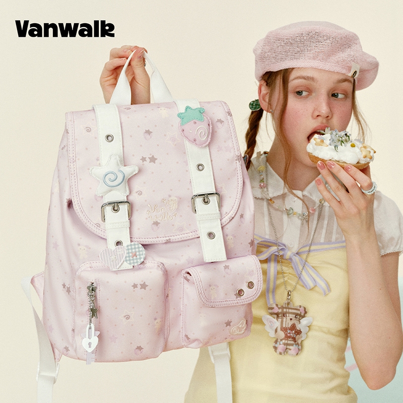 VANWALK gulugulu กระเป๋าเป้ผู้หญิงเฉพาะกลุ่มสไตล์เกาหลีสําหรับเดินทาง สื่อสาร พร้อมอุปกรณ์เสริม DIY charm v3041