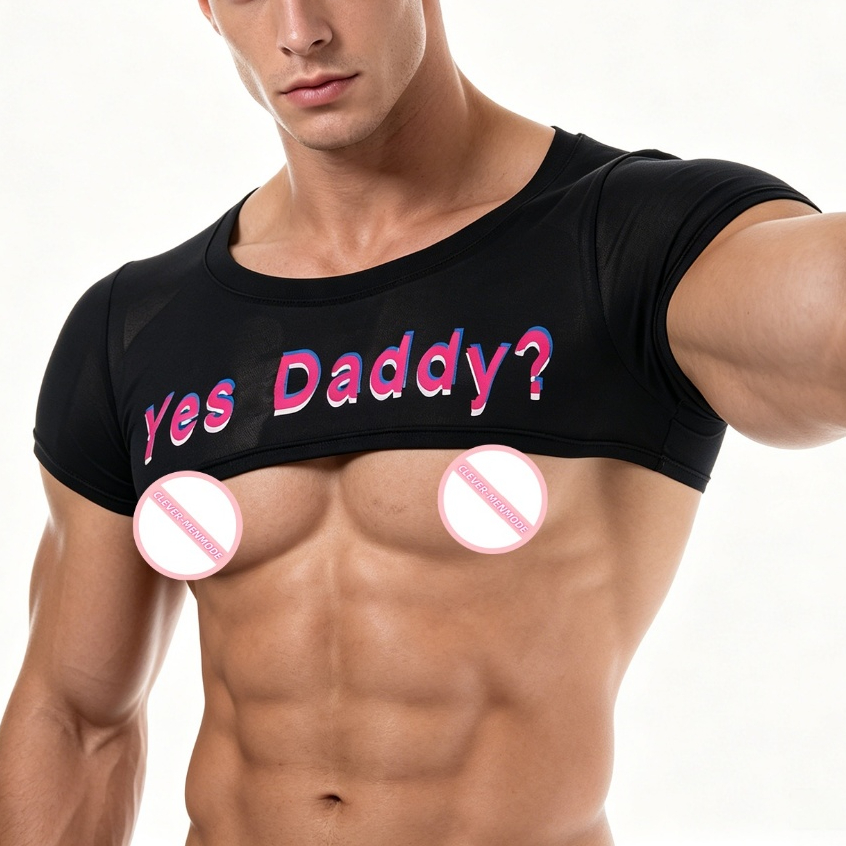 ผู้ชาย "Yes Daddy?" พิมพ์ Super Crop Top แขนสั้นยืด Club Party Tee