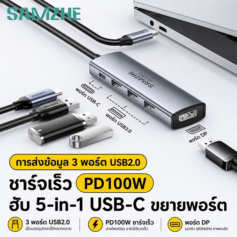 SAMZHE USB C Hub 5in1 Type-C to DP 8K PD100W USB 10Gbps สำหรับ PC Laptop Smartphone Tablet รุ่น DPK5