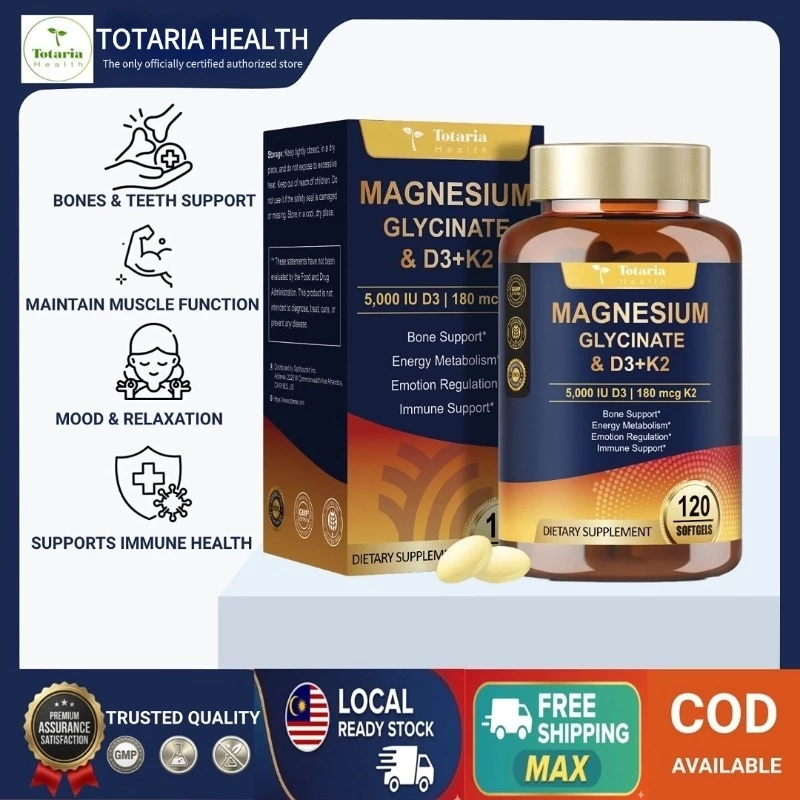 Totaria Magnesium Glycinate อาหารเสริมวิตามิน D3 5000 IU & K2 MK-7, วิตามินซี, วิตามินบีคอมเพล็กซ์, สังกะสี - สุขภาพกระดูก, รองรับภูมิคุ้มกัน, ประสาท & อารมณ์