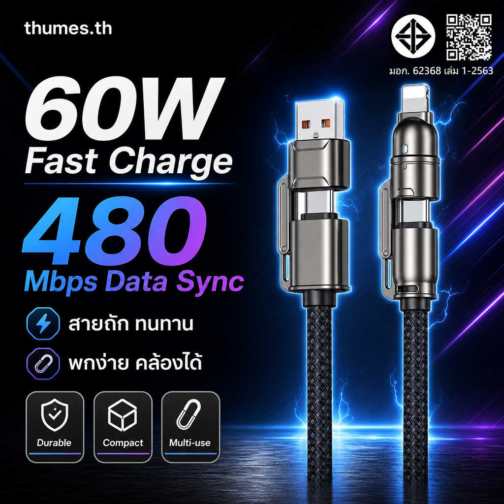 สายชาร์จ Type C เป็น Type C / Type C เป็น iOS 60W 27W 0.3m 1.2m ชาร์จเร็ว 5A โอนข้อมูล 480Mbps สายคล