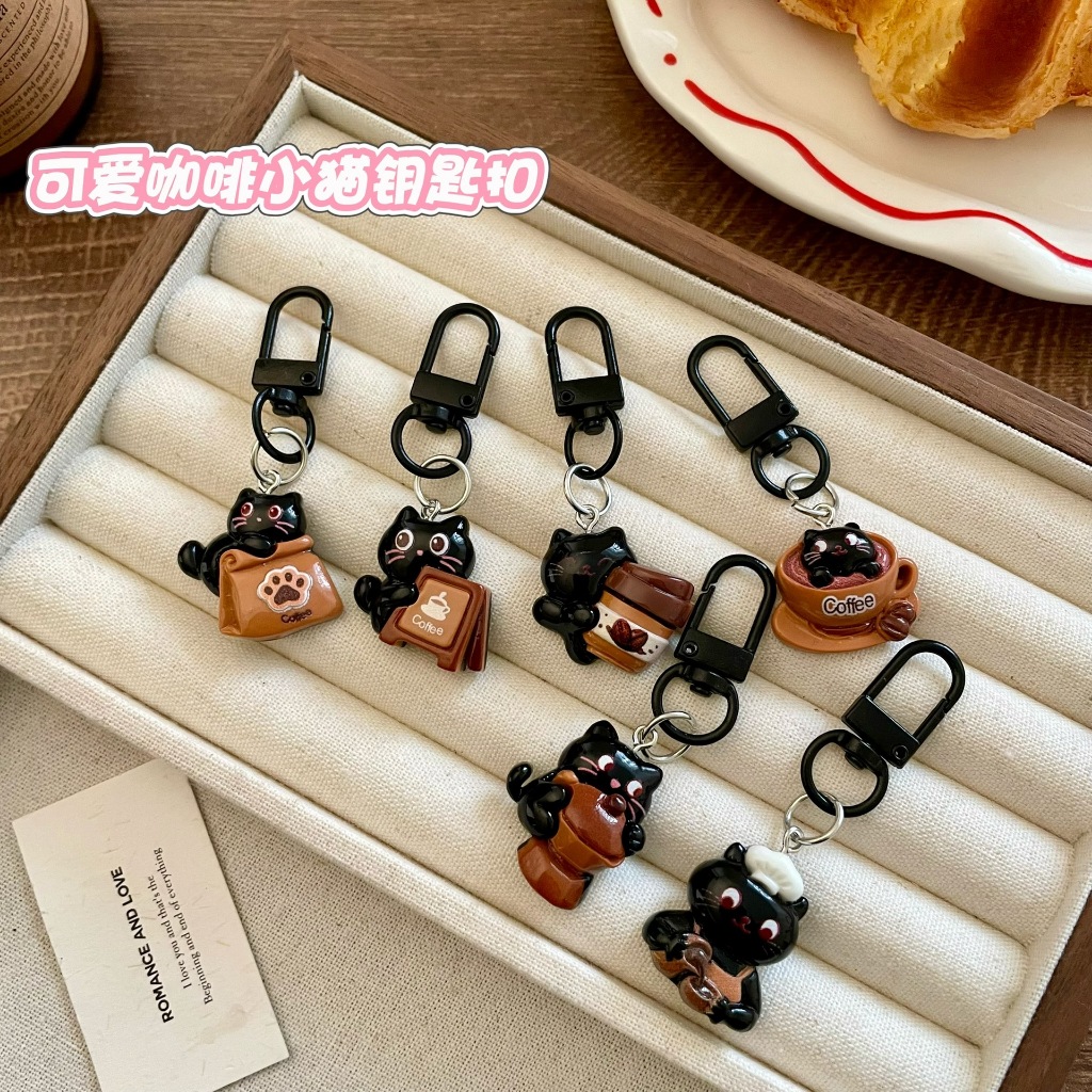 น่ารักกาแฟแมวพวงกุญแจการ์ตูนลูกแมวถ้วยกาแฟเรซิ่นกระเป๋าจี้ตกแต่งของขวัญเพื่อนนักเรียน