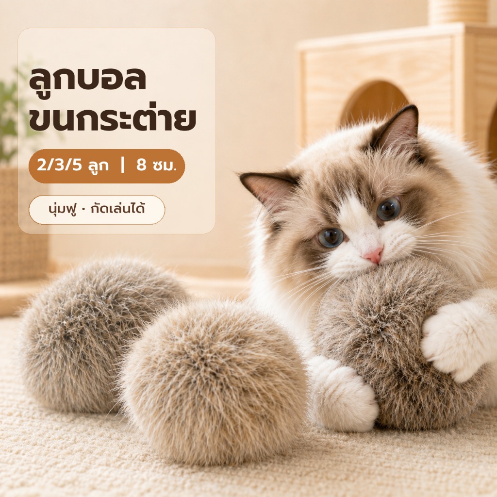 ลูกบอลขนกระต่าย ของเล่นแมว ขนฟูนุ่ม เล่นเองได้ มีแคทนิป+มาทาทาบิ บอลแมวกัดเล่น ขนาด 8 ซม. 2/3/5 ลูก