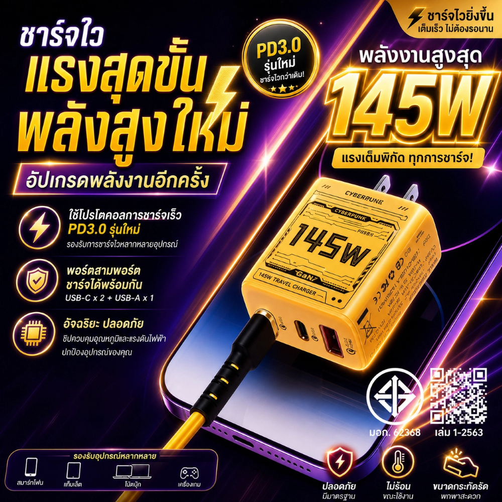ชุดสายชาร์จเร็ว PD 145W สายชาต หัวชาร์จ 1USB + 2usb-c เหมาะสำหรับ Android/Phone
