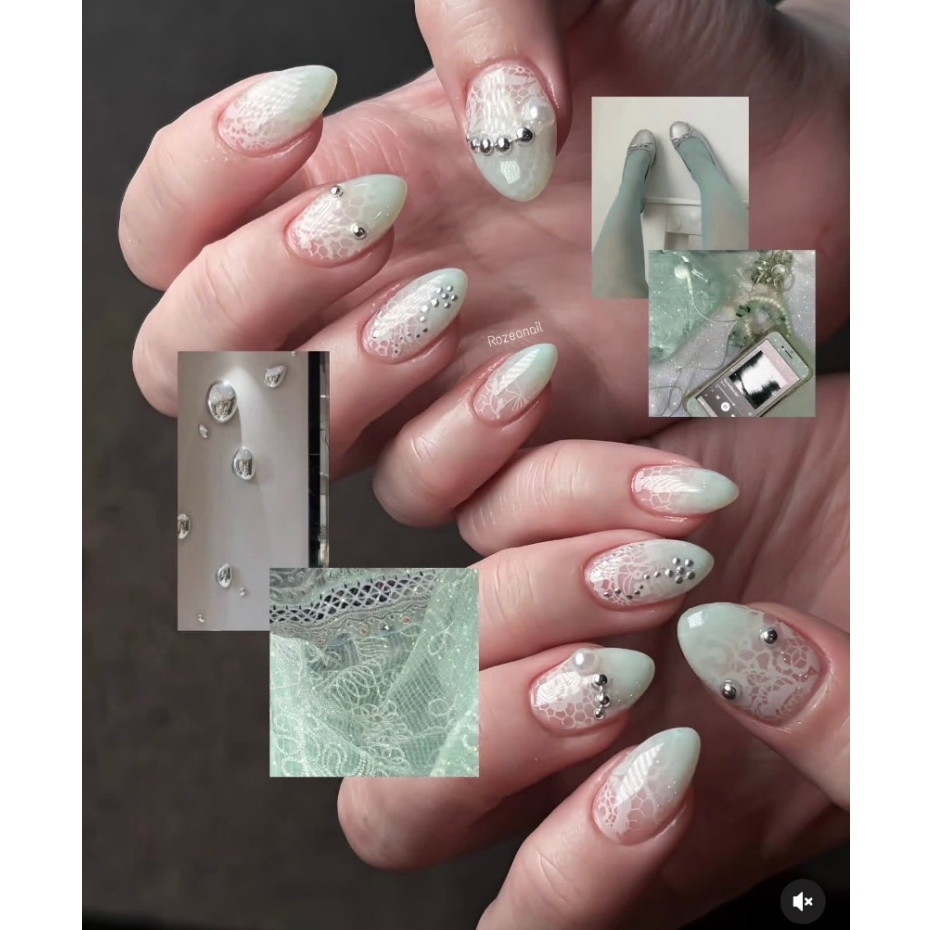 Lace Nude Color Short Style Wearing Nails y2k Turquoise Gradient Smudge Metal Nails Patch