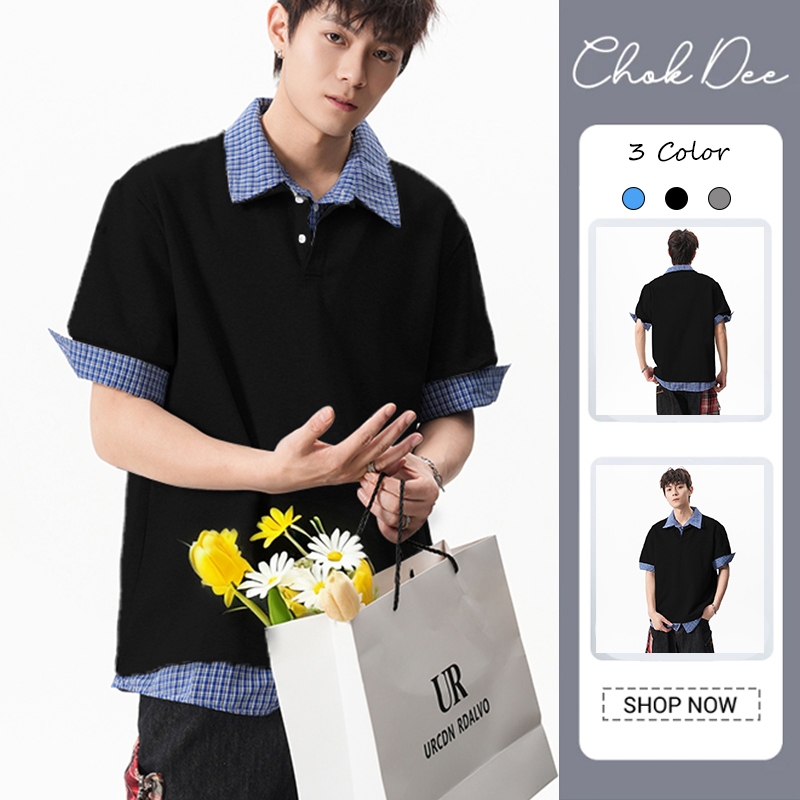 เสื้อเชิ้ตแขนสั้นผู้ชาย ลายเรียบง่าย คอปก เปิดลง สไตล์แฟชั่นญี่ปุ่น