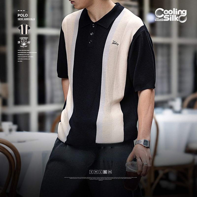 แบรนด์ MRA | เสื้อโปโลโบว์ลิ่งแบบเก่าย้อนยุคอเมริกันของผู้ชายที่มีความรู้สึกเย็นและสีตัดกันเสื้อยืดแ