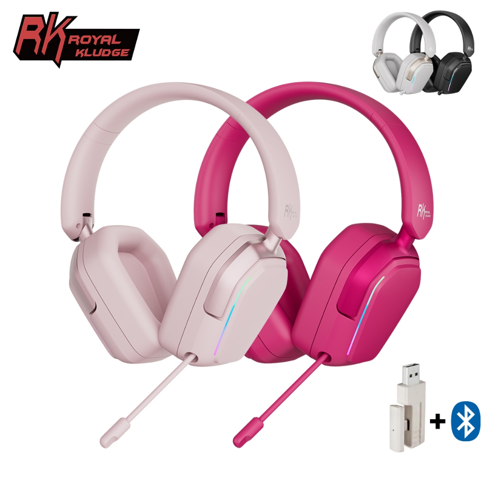 RK Royal Kludge RK HG101 สีชมพูหูฟังสําหรับเล่นเกมไร้สาย 40 มม.ลําโพงไดร์เวอร์พร้อมไฟ RGB โปรตีนผิว Earmuffs