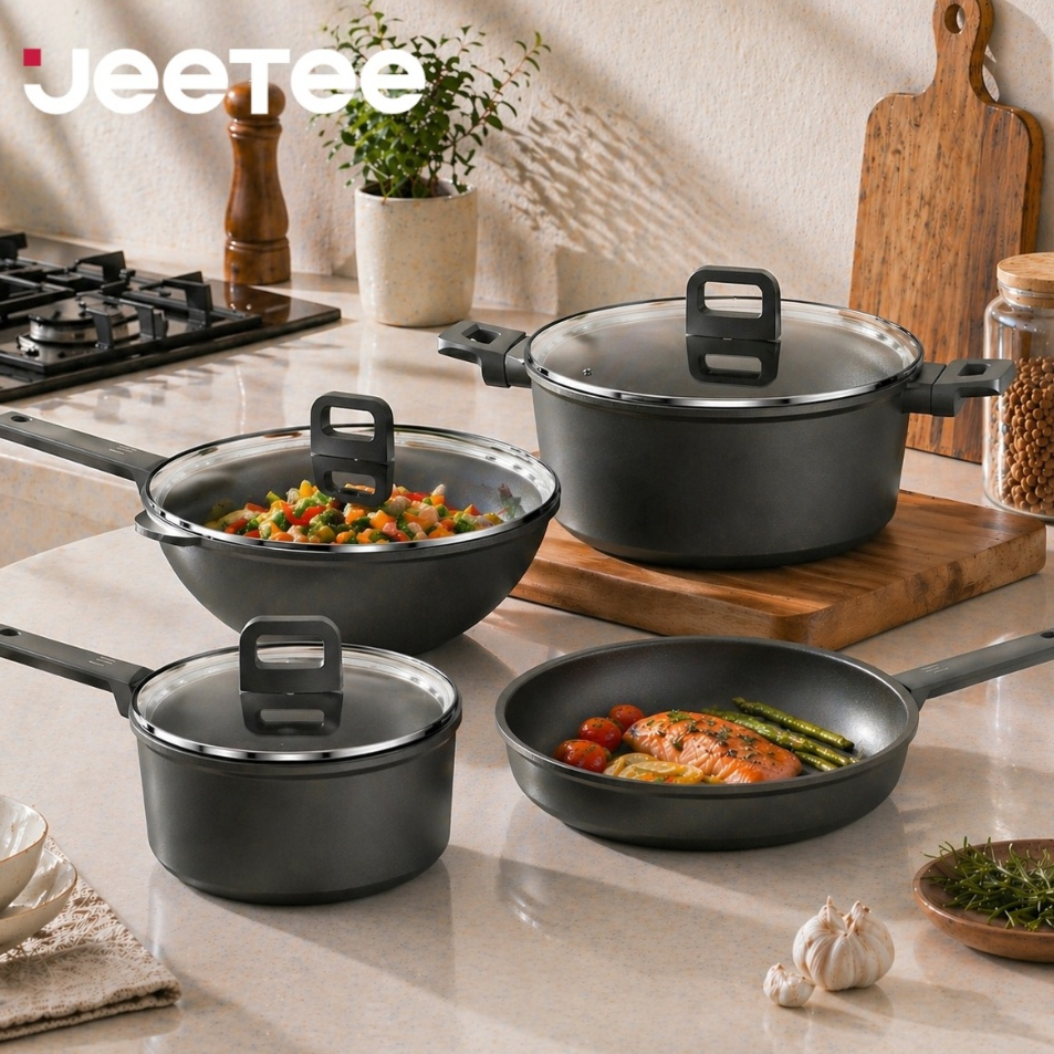 JEETEE【TI-Pro】เบาพิเศษ ชุดกระทะไม่ติดไทเทเนียมบริสุทธิ์ 7 ชิ้น รองรับทุกประเภทเตา