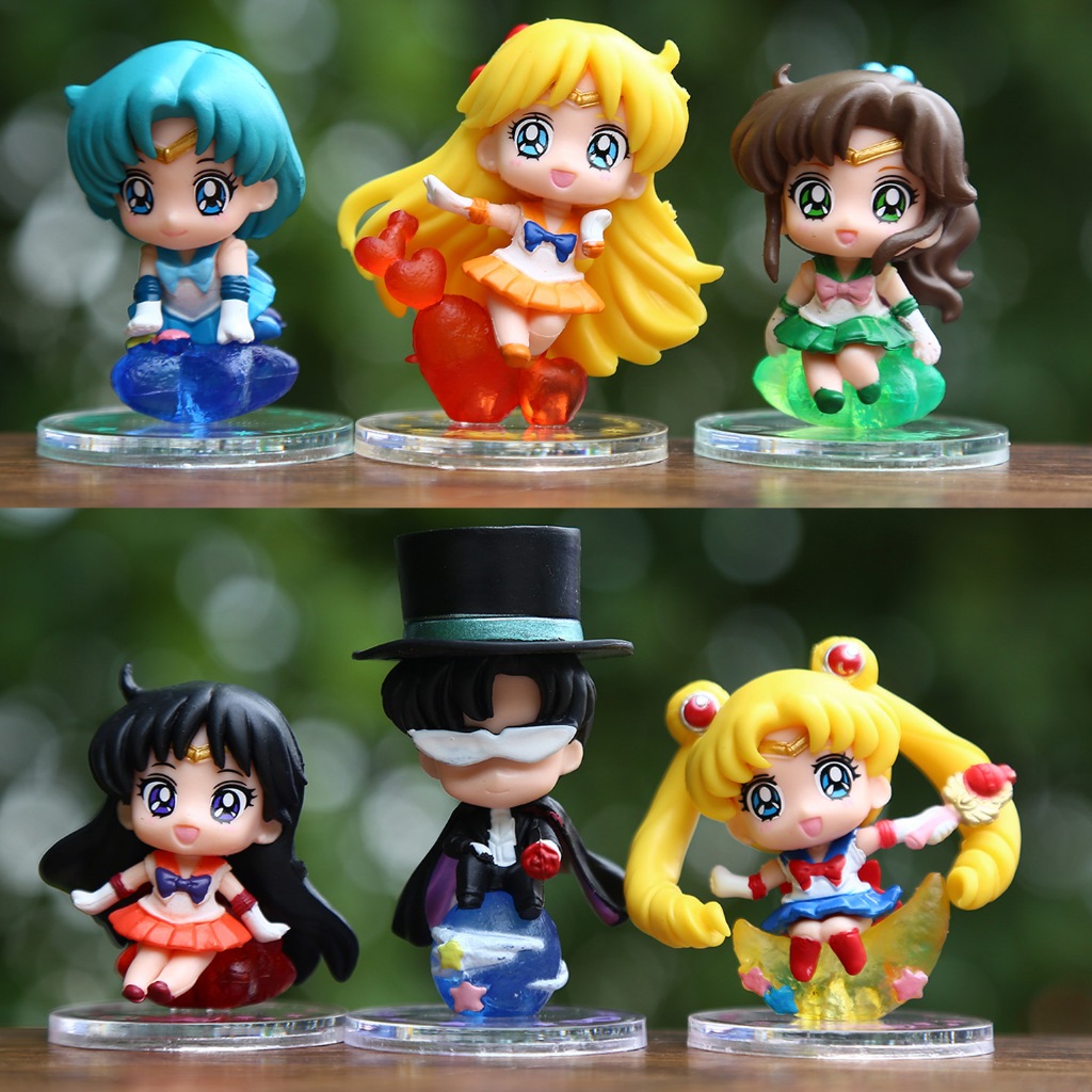6 ชิ้น/เซ็ต 5-7 ซม.อะนิเมะ Sailor Moon Mini รูป Tsukino Usagi Chiba Mamoru Kino Makoto Mizuno Ami รุ่น Q PVC ตัวเลขการกระทําตุ๊กตาของเล่น