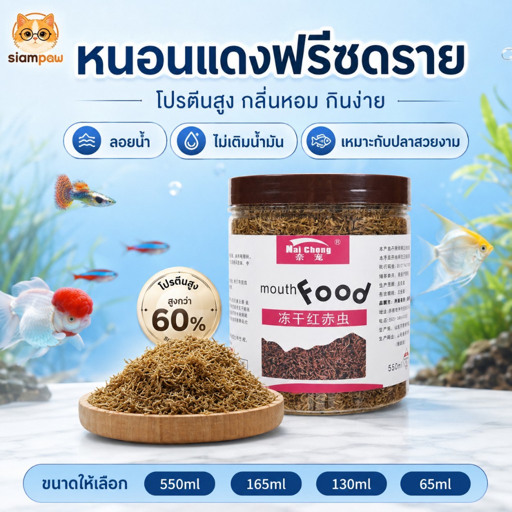 เม็ดหนอนแดงฟรีซดราย | อาหารน้ําสําหรับปลา กุ้ง ปู & เต่า | โภชนาการพลังงานสูง