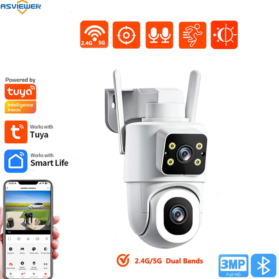 กลางแจ้ง 5G WiFi Tuya Dual เลนส์ PTZ กล้องการติดตามอัตโนมัติ 2 ทิศทางเสียงสี Night Vision กล้องรักษาความปลอดภัย