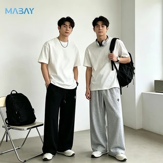 Mabay กางเกงขายาวผู้ชาย ขอบเอวยางยืด ดีไซน์ขอบเอวสองชั้น กางเกงทรงตรง ลายพิมพ์รูปไม้กางเขน คะ ลำลอง รุ่นใหม่ฤดูร้อน