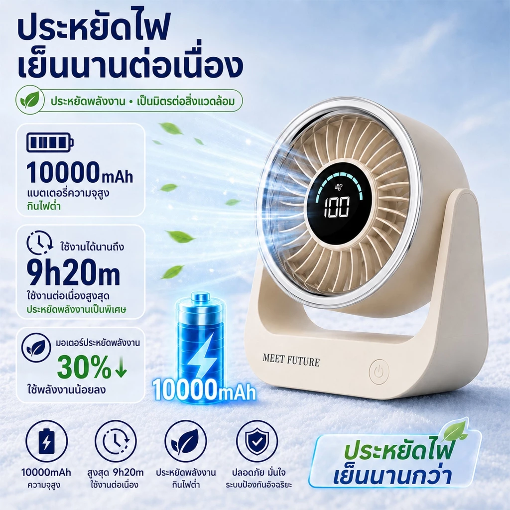 พัดลมพกพาไร้สาย 10000mAh ชาร์จ USB 5 ระดับ