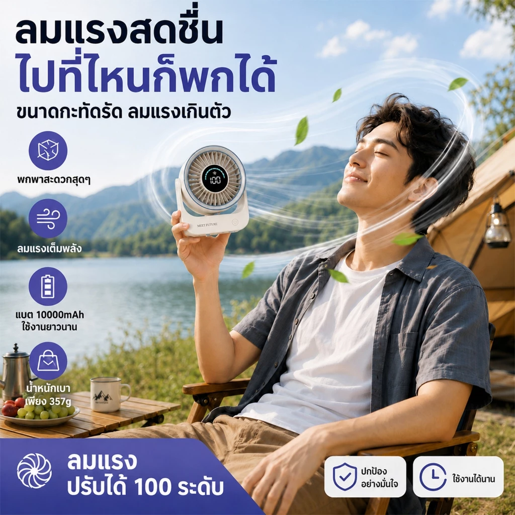พัดลมพกพาไร้สาย 10000mAh ชาร์จ USB 5 ระดับ thumbnail 7
