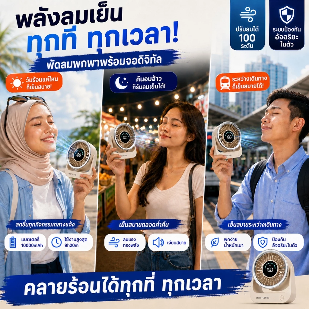 พัดลมพกพาไร้สาย 10000mAh ชาร์จ USB 5 ระดับ thumbnail 6