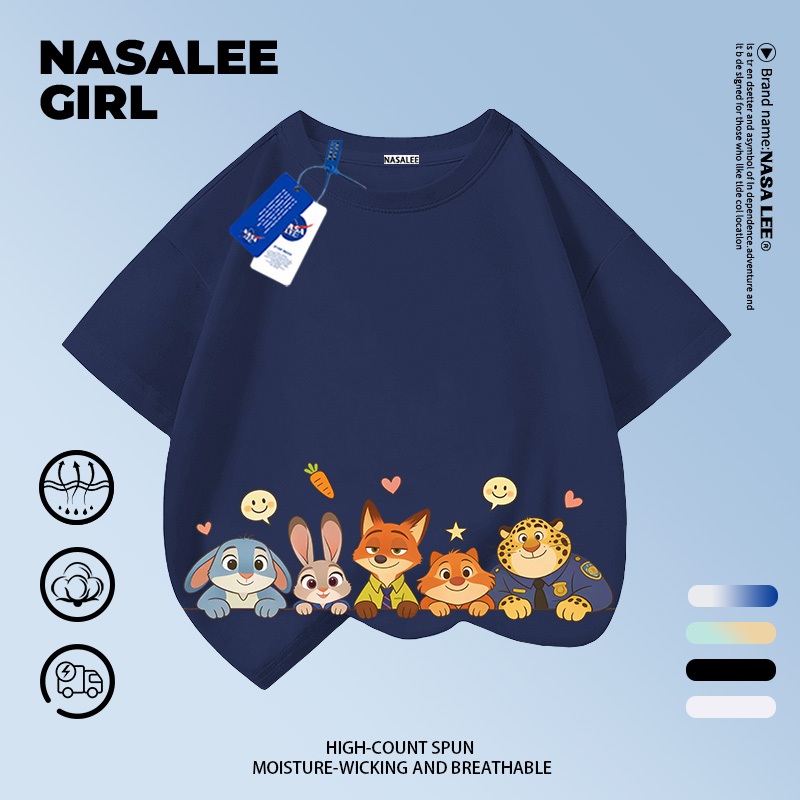 [กรุงเทพฯ จัดส่ง] เด็กผ้าฝ้ายสีกรมท่าเสื้อยืดการออกแบบการ์ตูนความรู้สึกเมืองสัตว์สนุกพิมพ์ฤดูร้อนเสื้อผ้าระบายอากาศแขนสั้นเหมาะสําหรับ 3-16ชายหญิง