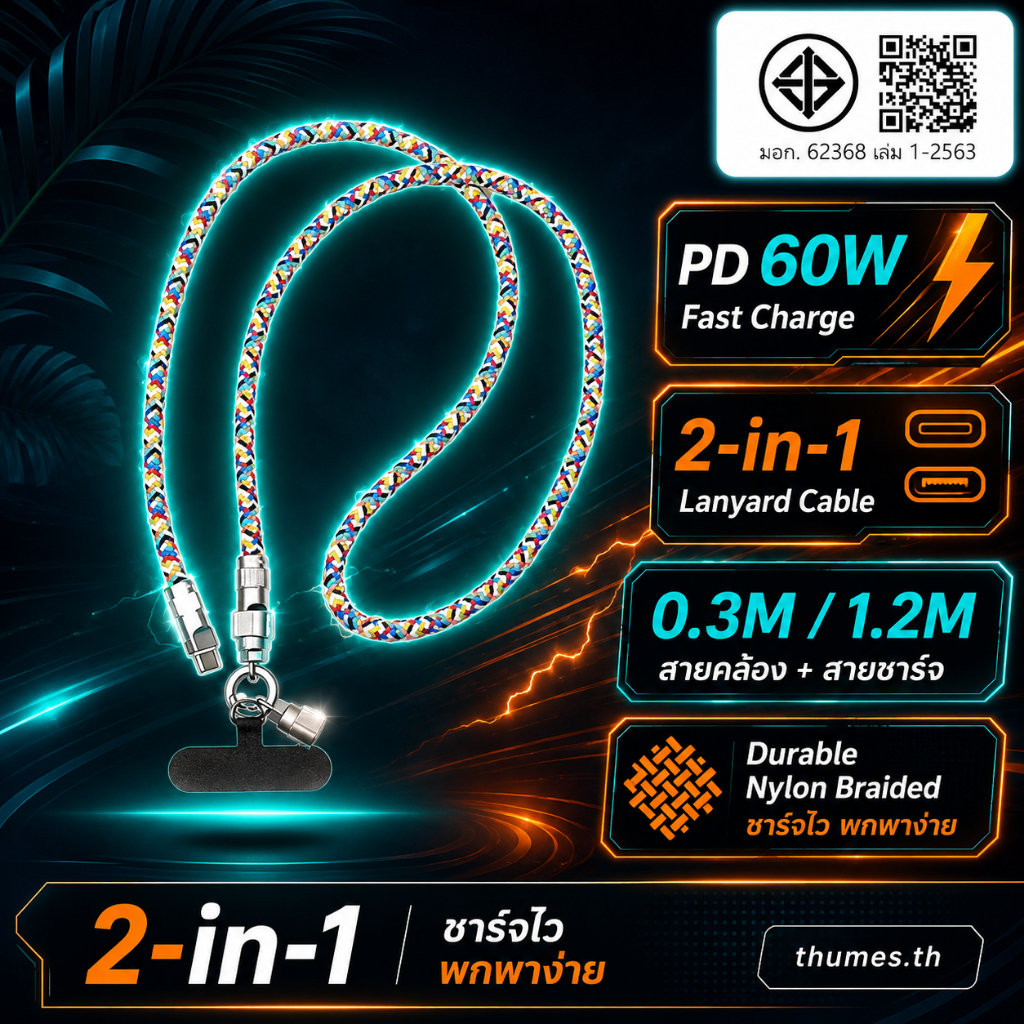 สายชาร์จคล้องคอ 60W Type C / IP สำหรับมือถือ สายชาร์จโซ่ไนลอนถัก โลหะผสมสังกะสี 0.3m 1.2m ชาร์จเร็ว 