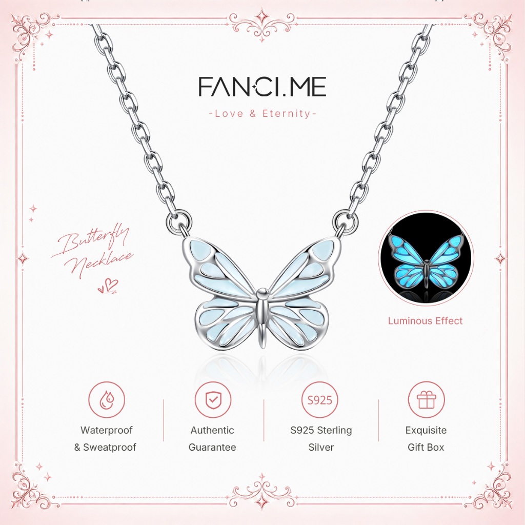 FANCIME สร้อยคอผีเสื้อเรืองแสงจี้เงินสเตอร์ลิงเฉพาะการออกแบบต้นฉบับสําหรับวันวาเลนไทน์ของขวัญวันเกิดสําหรับ Her