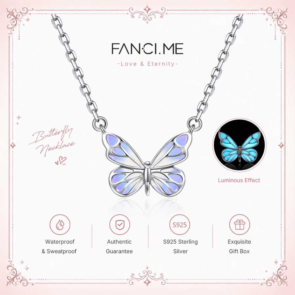 FANCIME สร้อยคอผีเสื้อสีม่วงเรืองแสงจี้เงินเฉพาะการออกแบบดั้งเดิมวันวาเลนไทน์ของขวัญวันเกิดปีใหม่