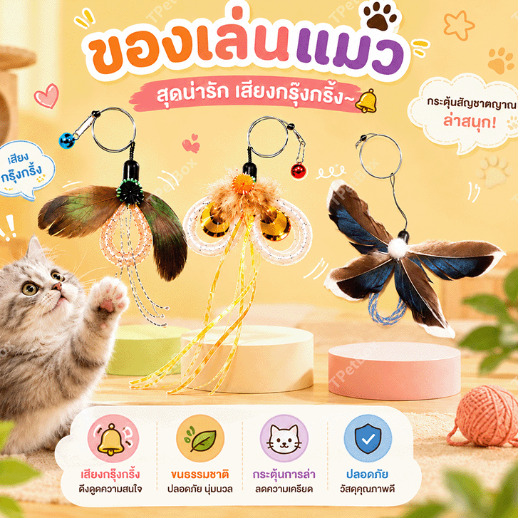 พร้อมส่ง! หัวไม้ตกแมวรูปแมลงจำลอง ขนนกสมจริง ใช้แทนหัวเดิมได้ เหมาะกับไม้ตกแมวทุกรุ่น ดึงดูดแมวให้ไล่จับ แก้เบื่อ ปลอดภัย